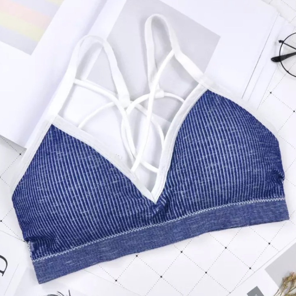 New Blue & White Padded Strappy Sports Bra